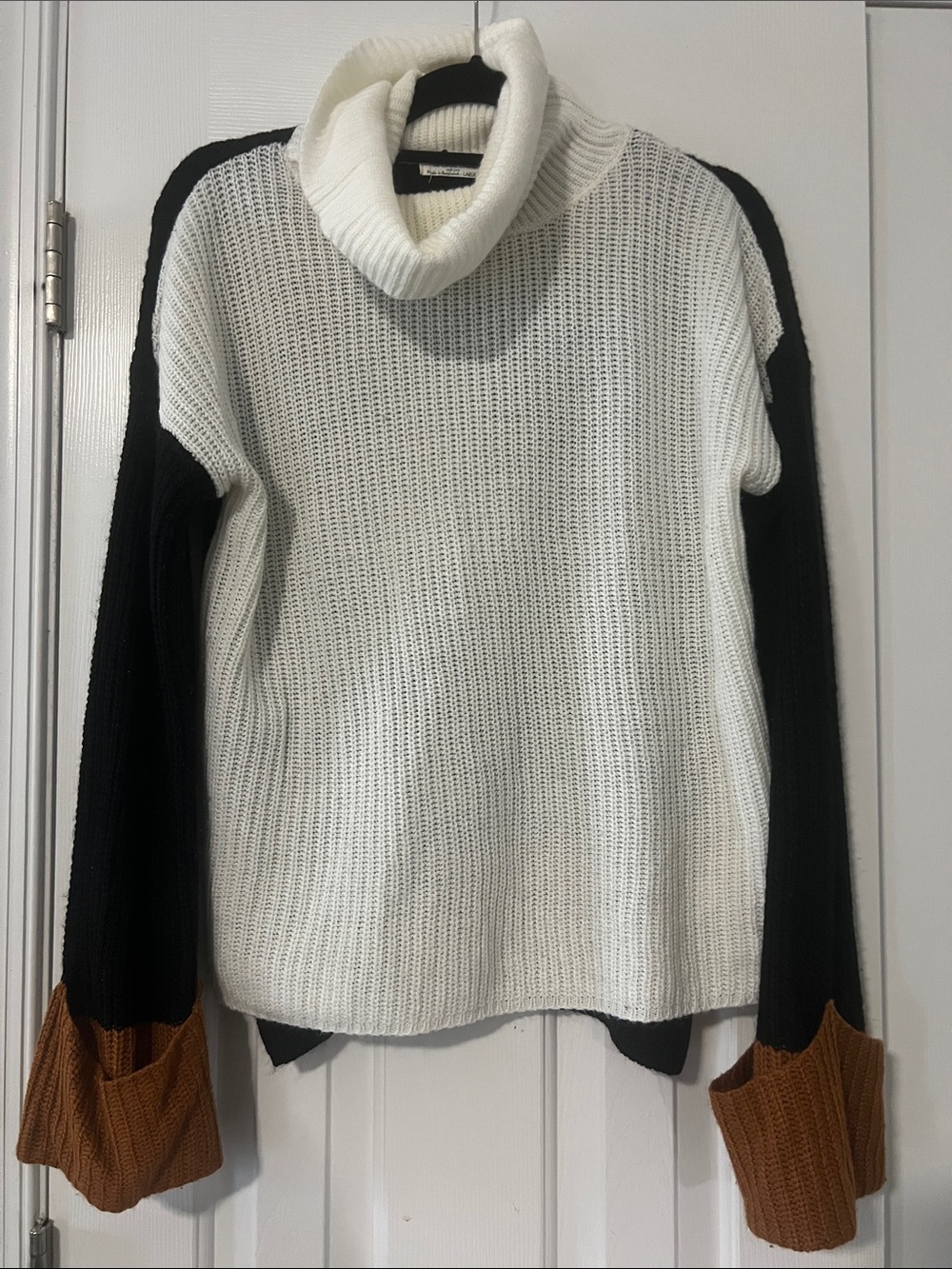 Cozy Colorblock Cowl Sweater in White, Black & Brown